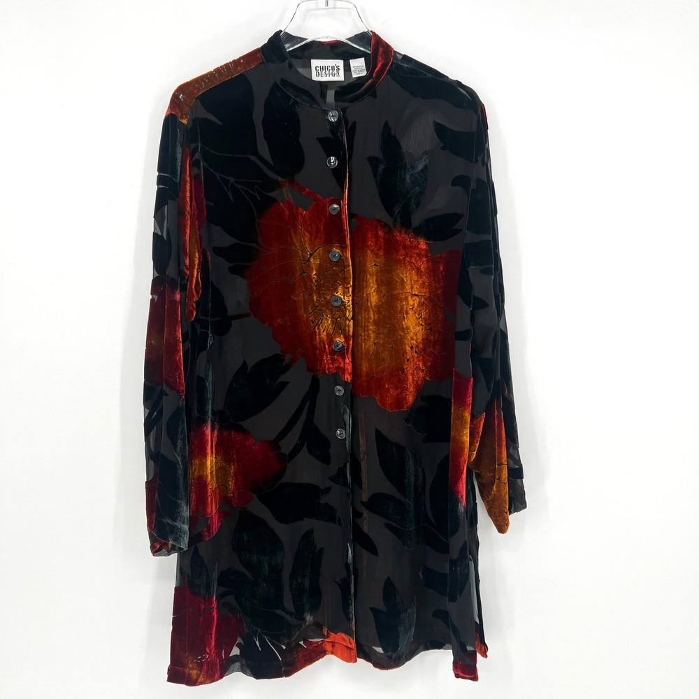 Dark Floral Velvet Burnout Tunic Top Womens L Whimsigoth Witchy Silk Vamp Chicos